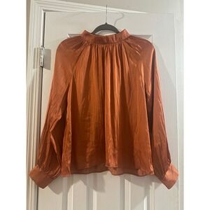 Lush‎ Clay Orange Satin Mock Neck Blouse Long Sleeve Pleated Top Medium Fall
